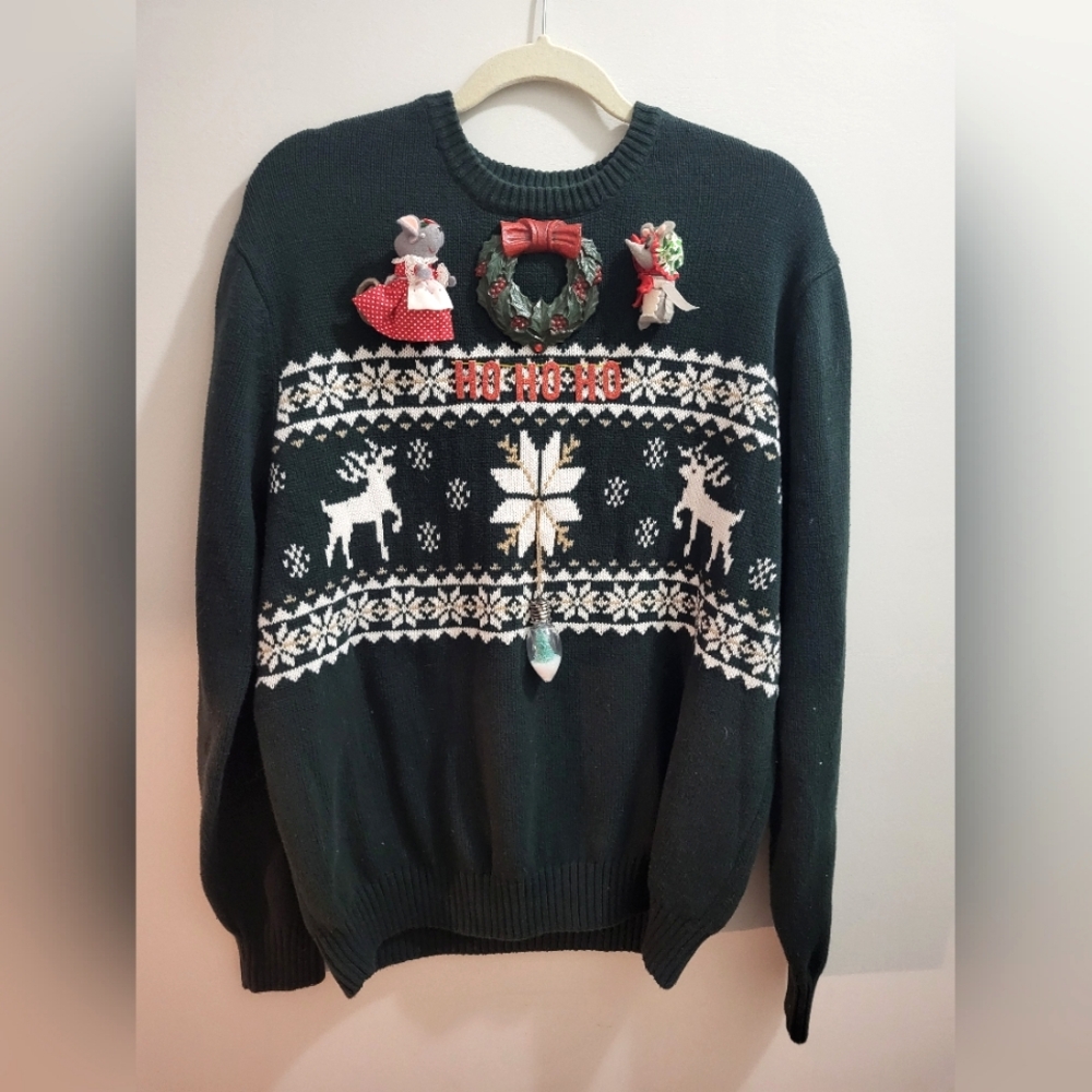 Ugly Christmas Sweater - green deer sweater, mouse, mice,  one-of-a-kind